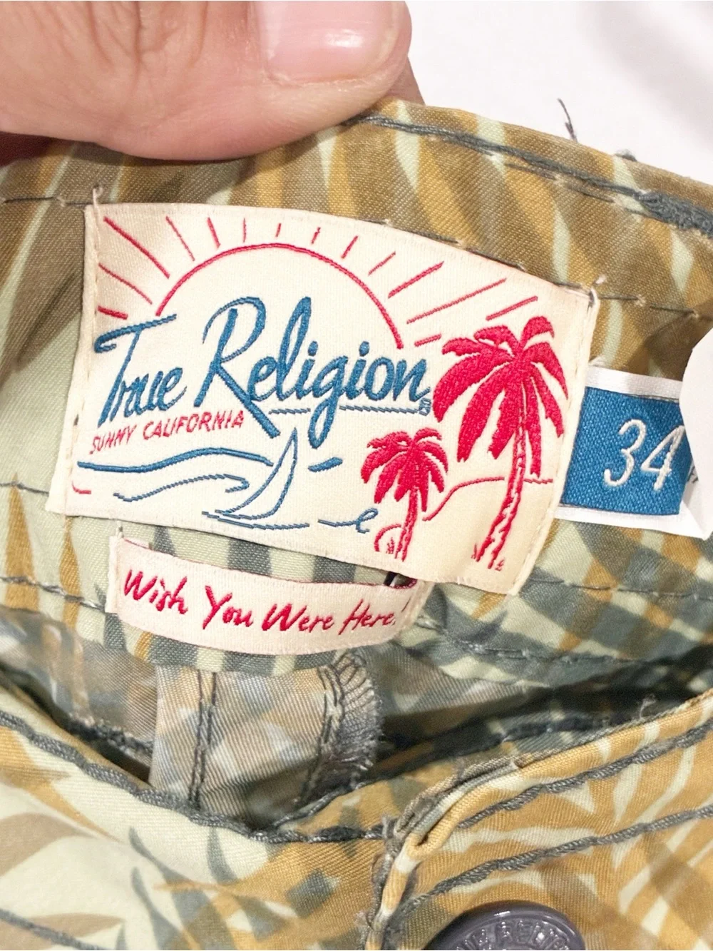 Y2K True Religion Shorts Mens Palm Leaf AOP Relaxed Fit Casual Summer Size 34